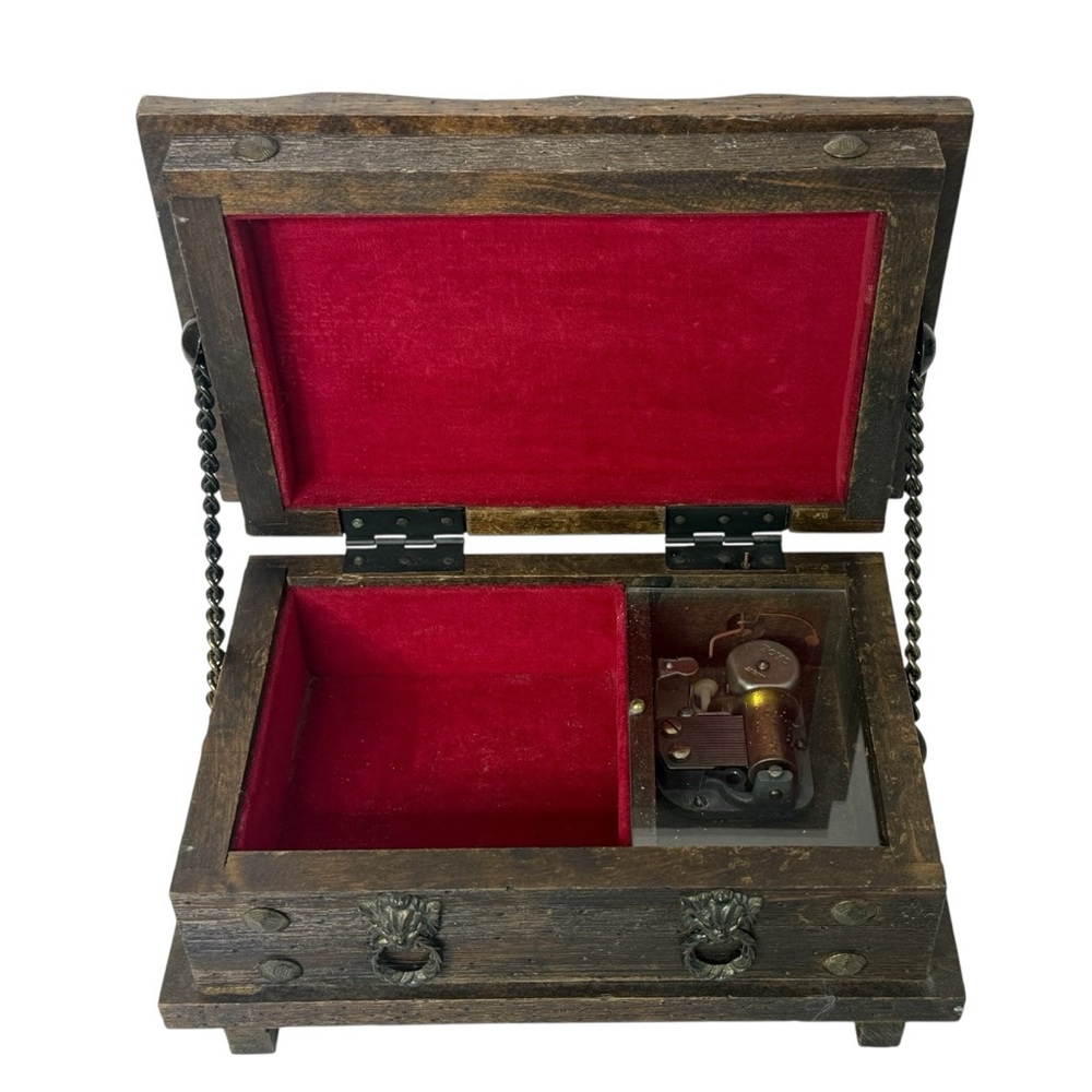 Toyo Vintage Wooden Trunk Style‎ Velvet Lined Music Box Japan WORKS